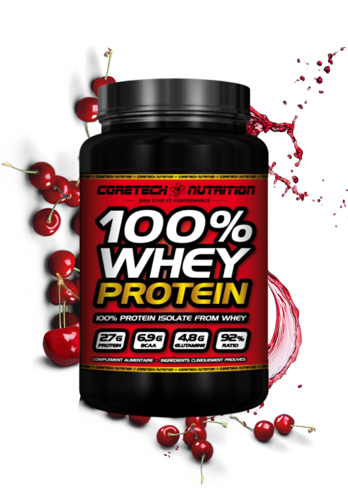 100% whey protein coretech nutrition cerise 2.3kg 92% de protéines commandant costaud image pot