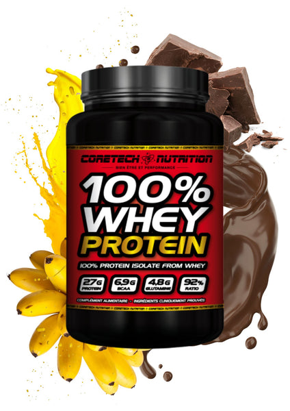 100% whey protein coretech nutrition chocolat banane 2.3kg 92% de protéines commandant costaud image pot
