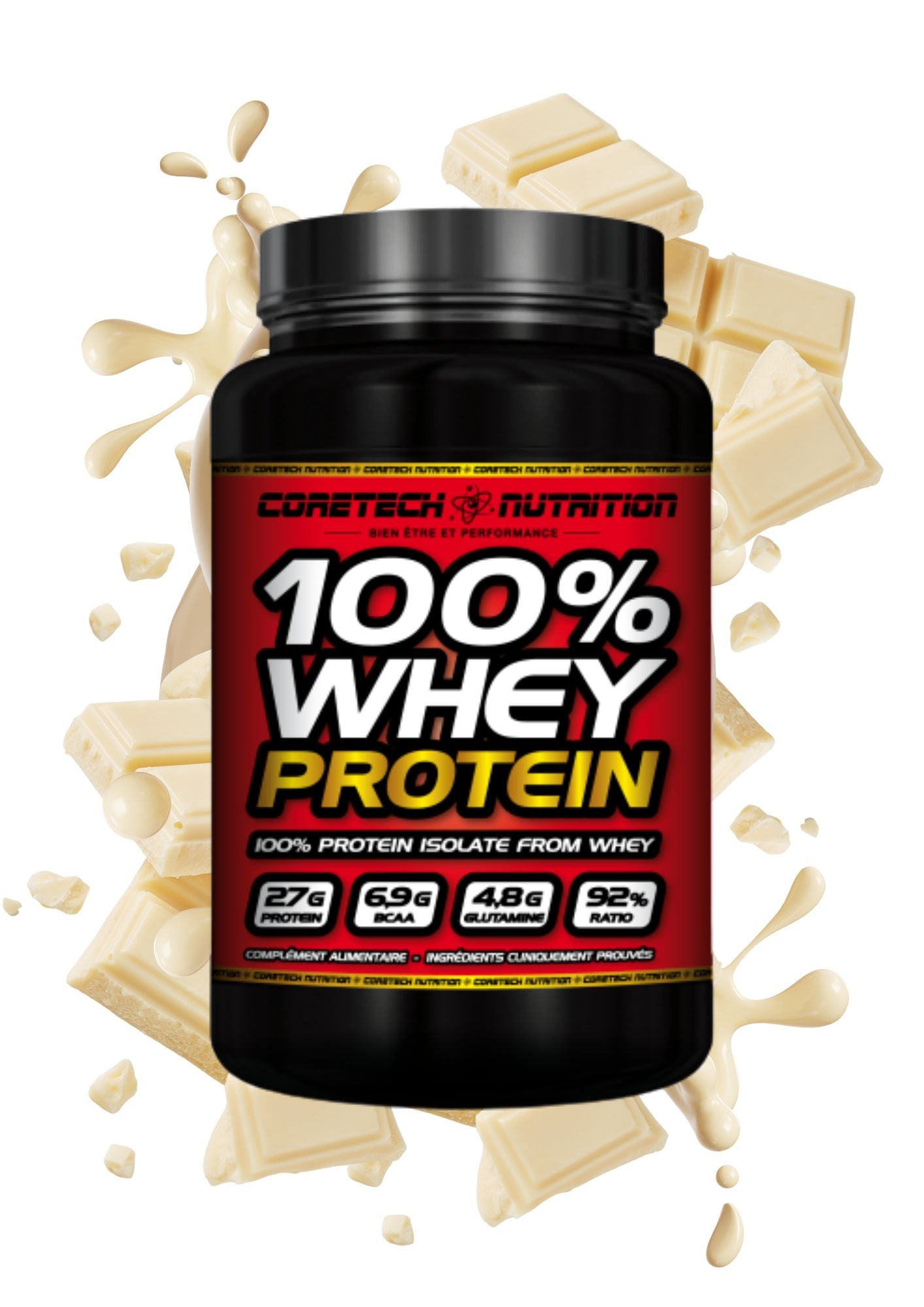 100% whey protein coretech nutrition chocolat blanc 2.3kg 92% de protéines commandant costaud image pot