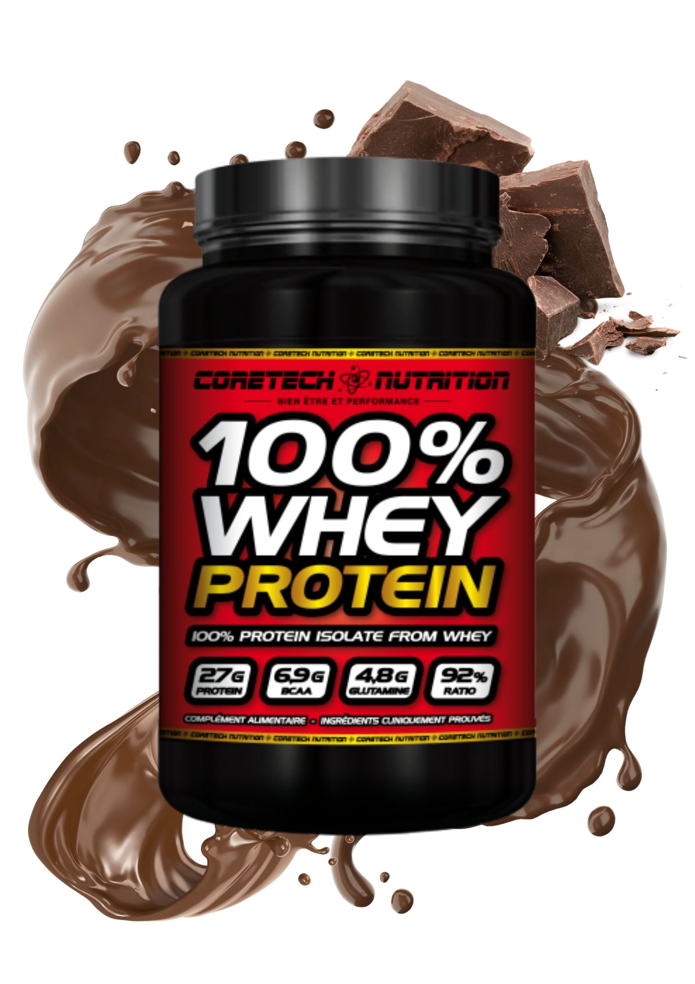 100% whey protein coretech nutrition chocolat 2.3kg 92% de protéines commandant costaud image pot