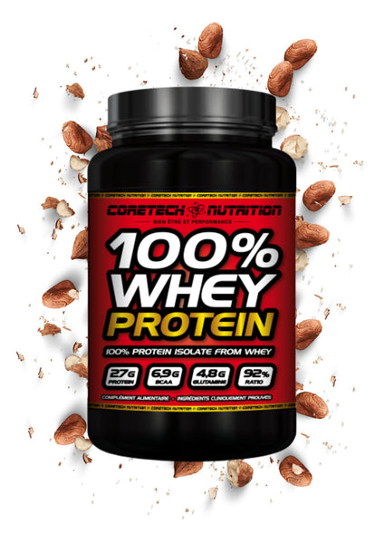 100% whey protein coretech nutrition noisette 2.3kg 92% de protéines commandant costaud image pot