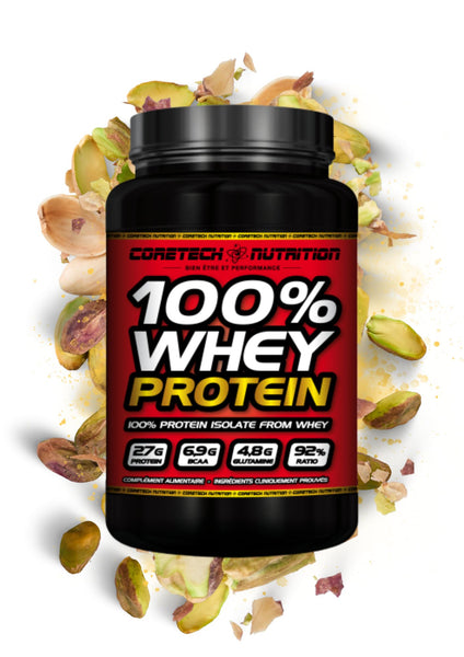 100% whey protein coretech nutrition pistache 2.3kg 92% de protéines commandant costaud image pot