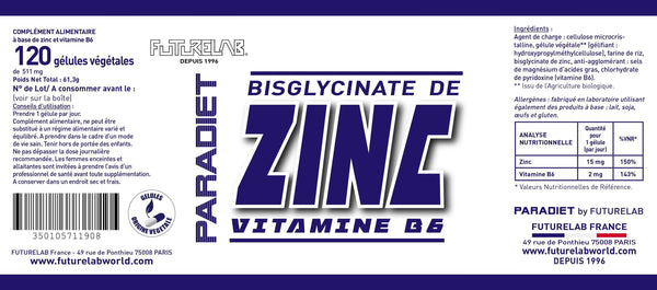 Vitamines et minéraux | BISGLYCINATE DE ZINC B6 | 120 gélules végétales